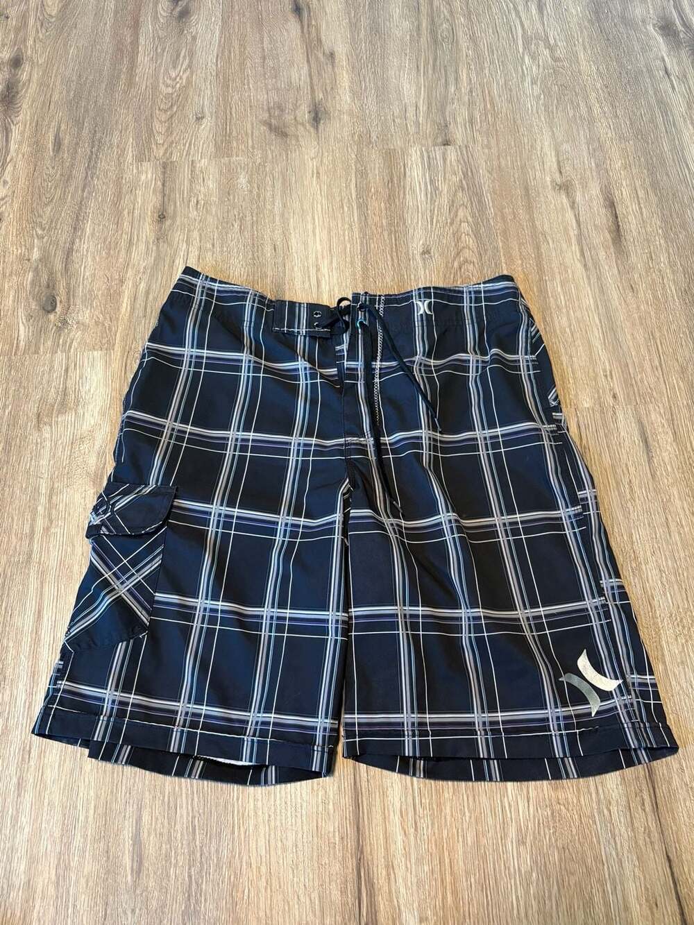 Hurley Board Shorts Size 32 Black Plaid Surf Swim Trunks